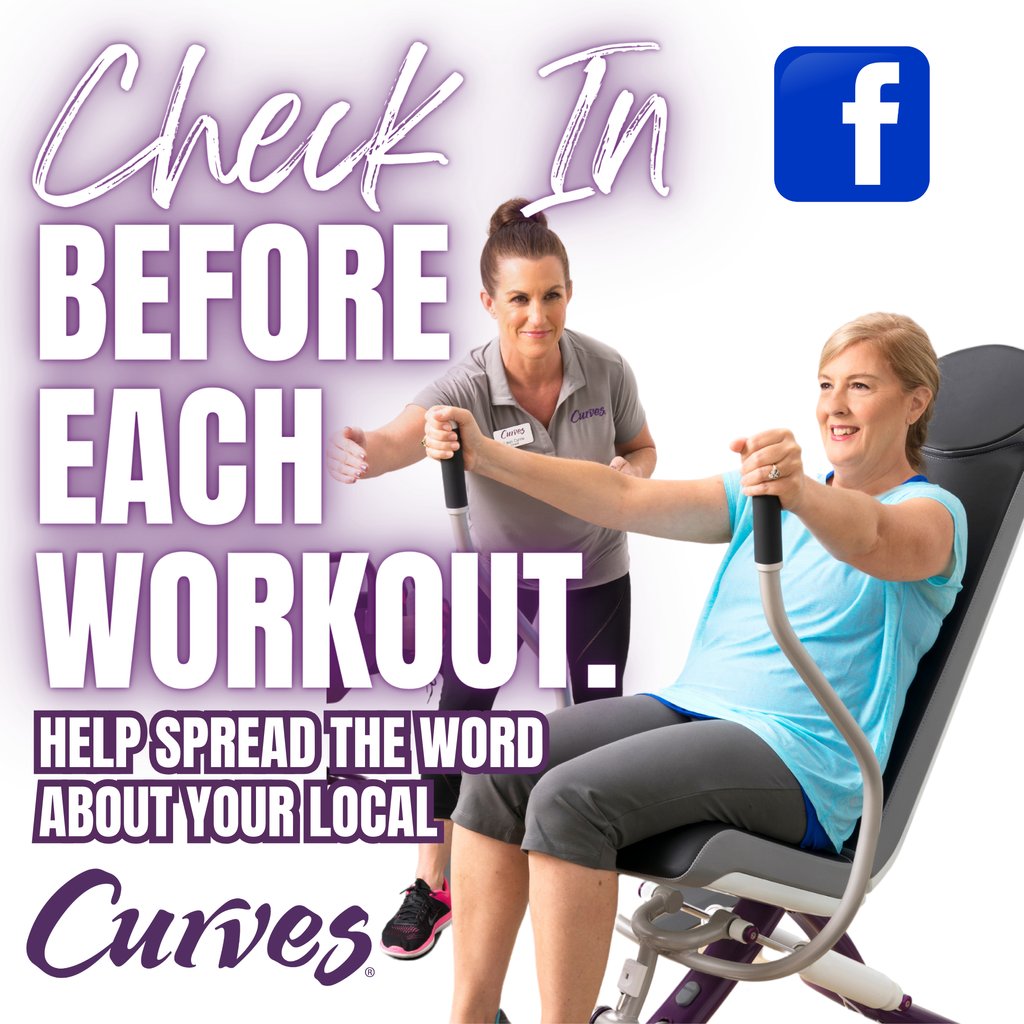 Hey, Curves Squad! 💖 Don't forget to check in on Facebook every time you sweat it out at our club! 🏋️‍♀️ Not only does it let your friends and family see your dedication to fitness, but it also introduces them to the amazing benefits of Curves.