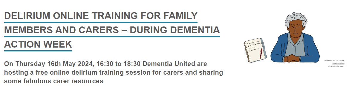 Dementia United alongside carers with lived experience are delivering a free online delirium training session, for family members and carers during Dementia Action Week. 📆 Thursday 16 May 2024, 4.30pm to 6.30pm Find out more by emailing 👉 gmhscp.dementiaunited@nhs.net