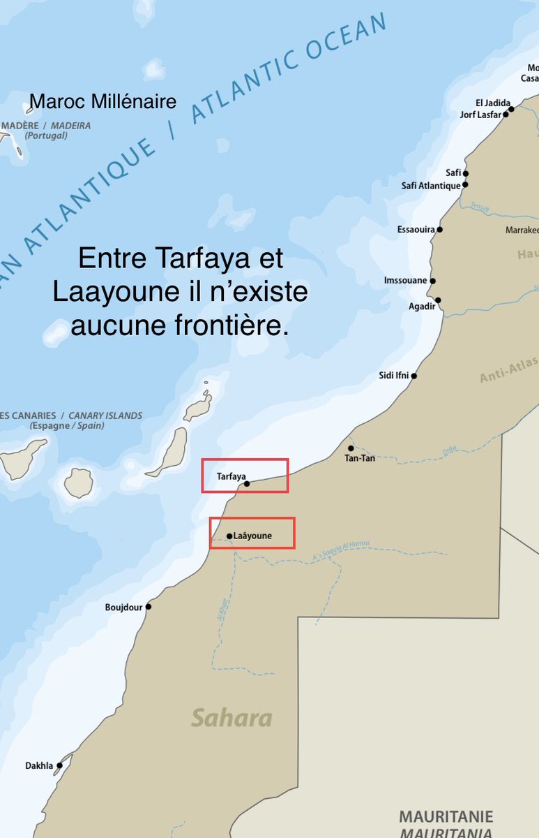 🧭|Au Maroc, il n’existe aucune frontière terrestre dans les provinces du sud, c’est « une illusion cartographique ». 
Vous pouvez faire le trajet :
Tanger - Lagouira (2321km) en toute sécurité et en longeant le magnifique littoral de l’Atlantique Marocain. 
#Maroc 🇲🇦