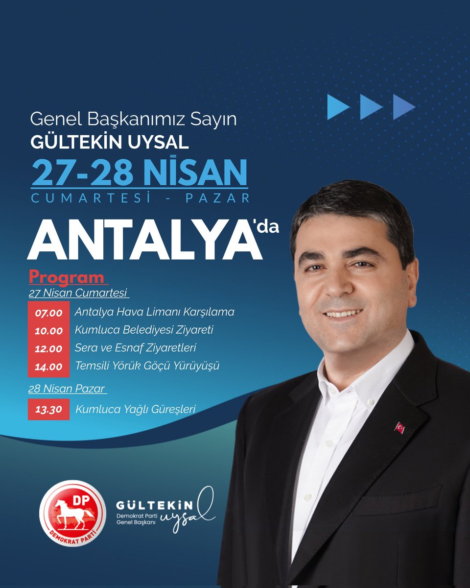 Genel Başkanımız Sayın Gültekin Uysal @DpGultekinUysal 27-28 Nisan Günleri Antalya'da olacaklardır.