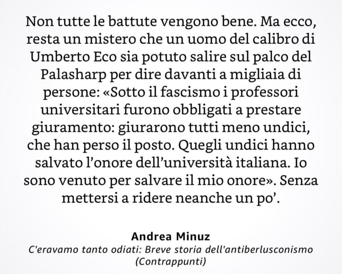 In “C’eravamo tanto odiati: breve storia dell’antiberlusconismo” Andrea Minuz ( @AndreaMinuz ) ricorda che gli intellettuali che si professano martiri ci sono sempre stati, siamo noi con la memoria troppo corta ad essere colti tutte le volte da un novello grado di isteria.