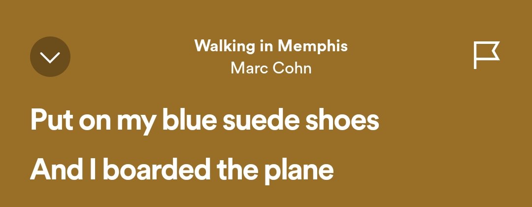 umm I think you'll find that the correct lyrics are 'put on my blue suede shoes that I bought at the plane'. [1] [1] source: that is what I've been singing for 33 years