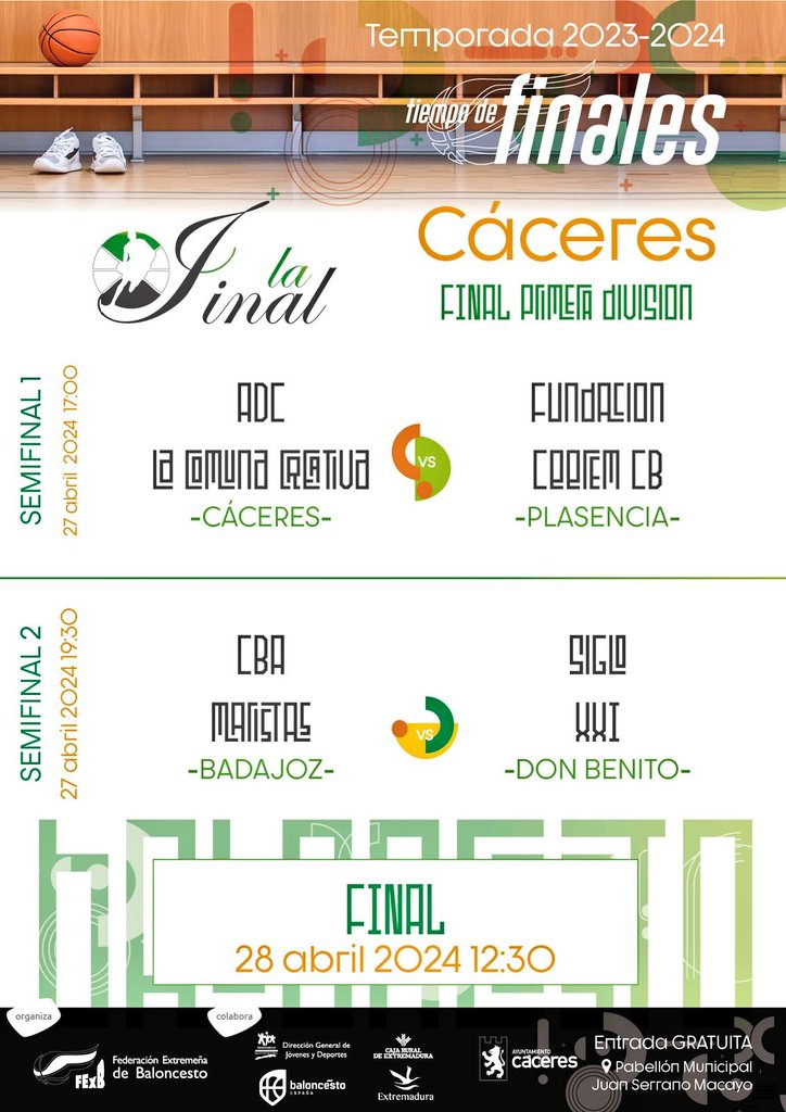 Federación Extremeña de Baloncesto (@fexb) on Twitter photo #TiempoDeFinales🏆
F4 1ª NACIONAL | 📆 27-28 abril
🏟 Serrano Macayo <a href="/Ayto_Caceres/">Ayuntamiento Cáceres</a>
<a href="/adcbaloncesto/">ADC BALONCESTO</a> La Comuna Creativa
🆚️ FundaciónCeerem <a href="/CanteraSencia/">CB Plasencia Ambroz</a>
⏰️17:00
<a href="/CBACADEMYSPAIN/">City of Badajoz Academy</a> Maristas
🆚️ <a href="/CBSigloXXI/">CB Siglo XXI DB</a> Don Benito
⏰️19:30
🎟 Acceso libre
📊 Afición FExB
<a href="/jovendeportEXT/">Jóvenes y Deportes Extremadura</a> #TiempoDeFinales🏆
F4 1ª NACIONAL | 📆 27-28 abril
🏟 Serrano Macayo <a href="/Ayto_Caceres/">Ayuntamiento Cáceres</a>
<a href="/adcbaloncesto/">ADC BALONCESTO</a> La Comuna Creativa
🆚️ FundaciónCeerem <a href="/CanteraSencia/">CB Plasencia Ambroz</a>
⏰️17:00
<a href="/CBACADEMYSPAIN/">City of Badajoz Academy</a> Maristas
🆚️ <a href="/CBSigloXXI/">CB Siglo XXI DB</a> Don Benito
⏰️19:30
🎟 Acceso libre
📊 Afición FExB
<a href="/jovendeportEXT/">Jóvenes y Deportes Extremadura</a>
