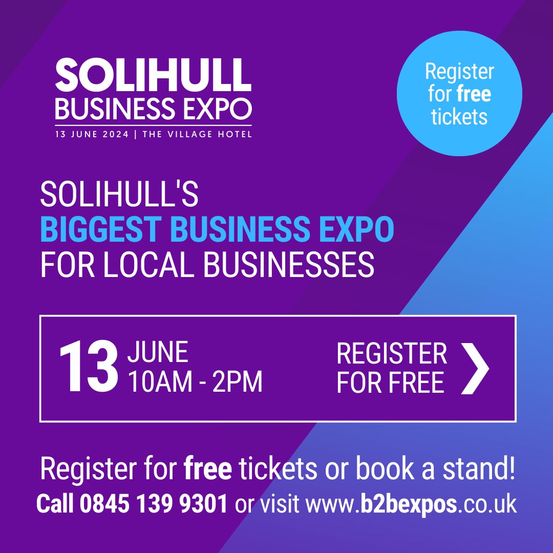 Get FREE business advice and support at the Solihull Business Expo on Thursday 13th June at The Village Hotel, register today! b2bexpos.co.uk/event/solihull… 🙌🙌 #SolihullExpo #SolihullBusiness #SolihullNetworking
