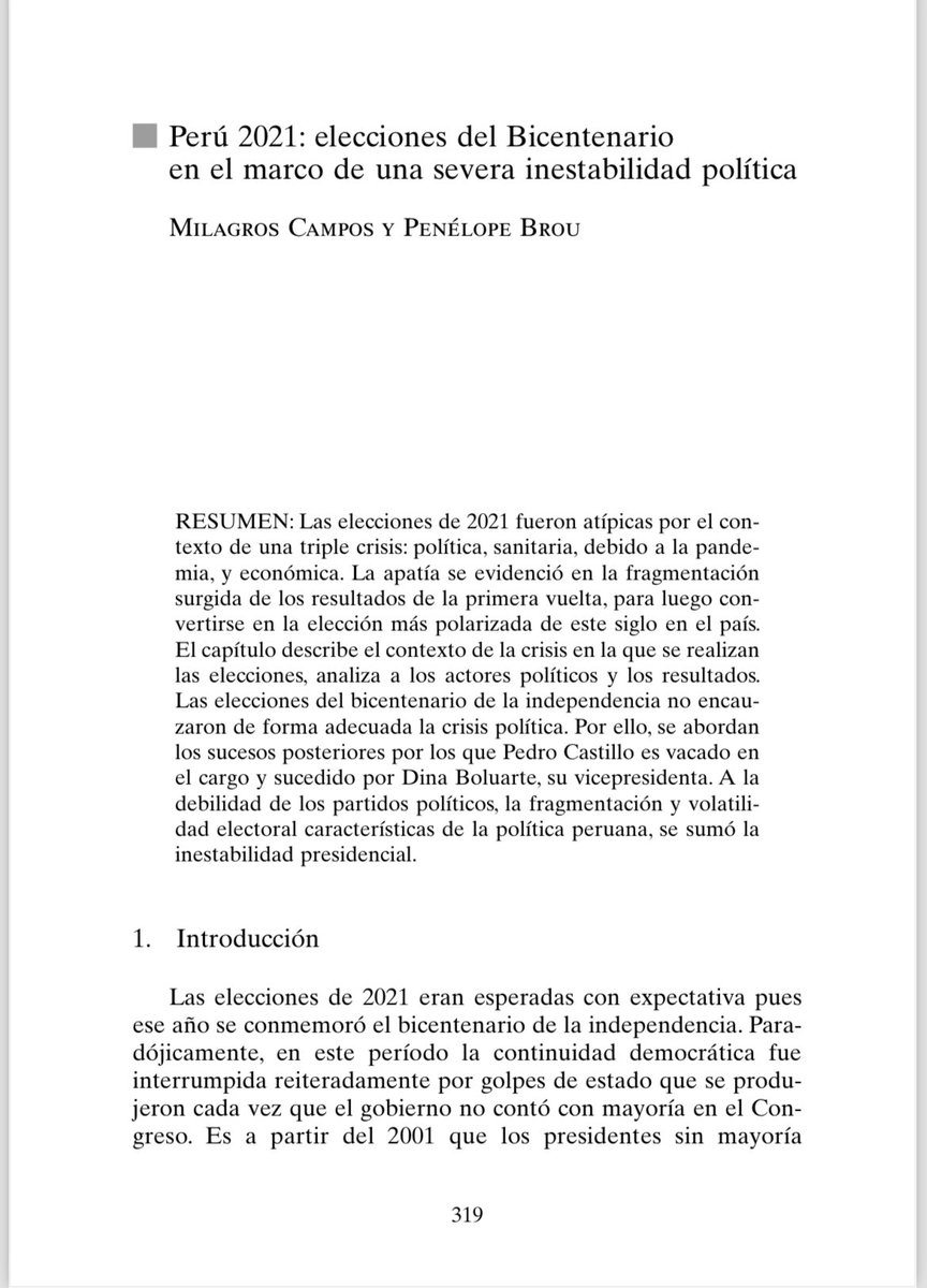 Elecciones en América Latina: Escribí con @PennyBrouG el capítulo sobre las elecciones peruanas de 2021, bicentenario, pandemia, fragmentación e inestabilidad.