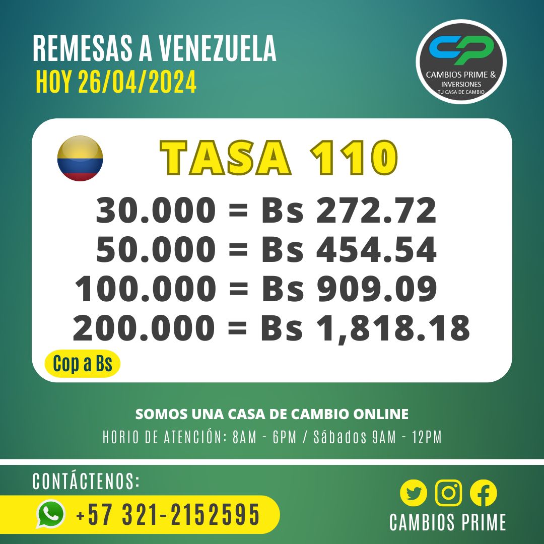 Tasa de Hoy                                                                                                    
#FelizViernes #26Abr #venezolanosenelexterior #VenezolanosenColombia #VenezolanosenUSA #Colombia #Venezuela #USA #CambiosPrime