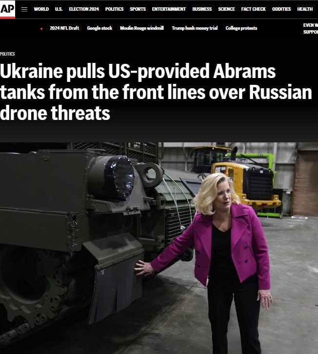 Ukraine has withdrawn its US-supplied Abrams battle tanks from the front line, Associated Press reports. Russian drones have made it very difficult to operate without being detected or attacked, two US military officials told the agency..