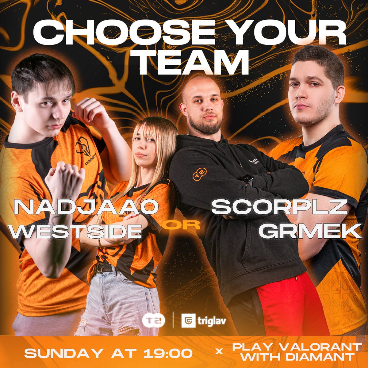 Come play #VALORANT with Diamant 💎 SUNDAY at 19:00 CEST 🕖 Join @nadjaa0_ttv's Twitch to play with 🇵🇱@euwestside or @scorp_lz's YouTube stream for 🇸🇮@grmek77 and see if you can beat the pros 💪