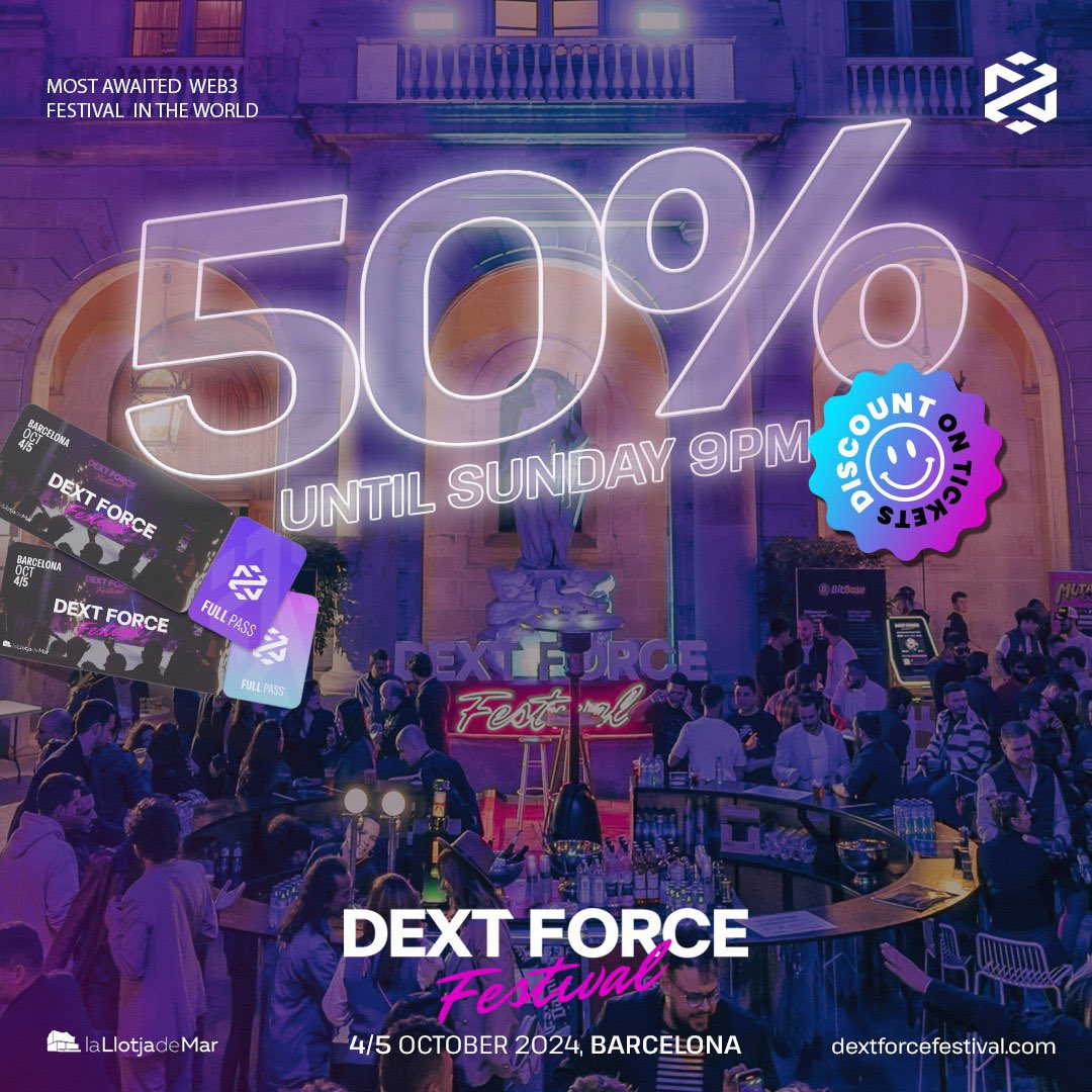 🎟️ Grab your tickets for the amazing #DEXTFORCEFestival and take advantage of our offer until Sunday, April 28th, 21H (CEST)! Buy your tickets here! (50% Discount): dextforcefestival.com Join us in Barcelona for an unforgettable celebration of blockchain, Web3 and music. This…