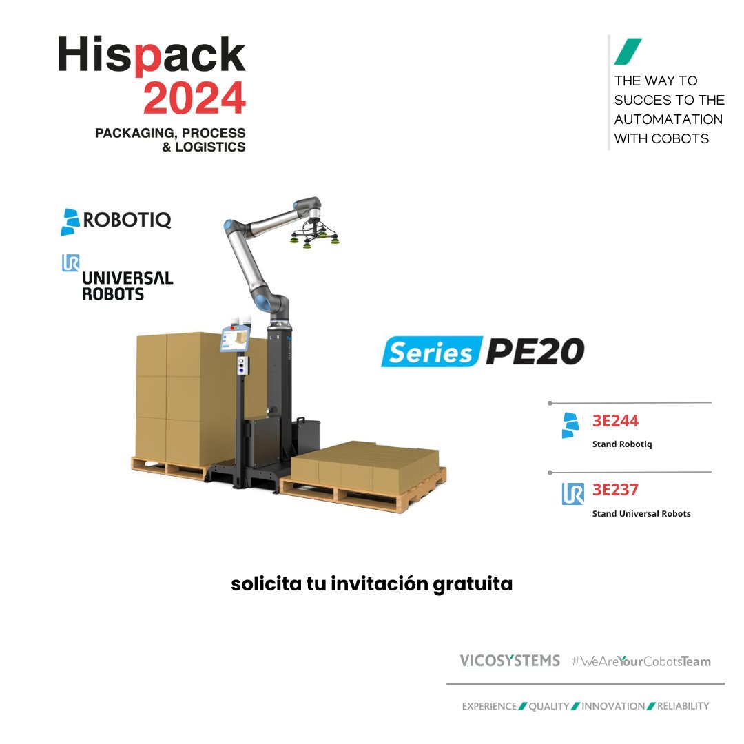 Te esperamos en #Hispack del 7 al 10 de Mayo para presentarte las novedades en Soluciones de Robótica Colaborativa para el sector del #packaging.
Solicita tu entrada gratuita en comercial@vicosystems.com