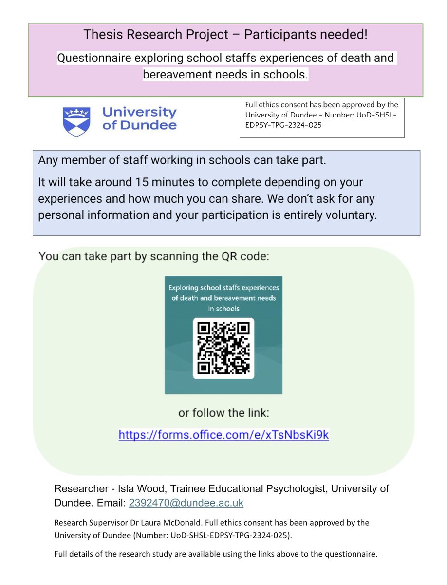 IslaHamilton281's tweet photo. Important research!! This survey is part of a wider project exploring school staff experiences of death and bereavement. I would like to hear your views on this important topic. Link to the survey 👇
https://t.co/zRBKtVcjsb
#twittereps #Dundeeteps https://t.co/99lJVf29V5