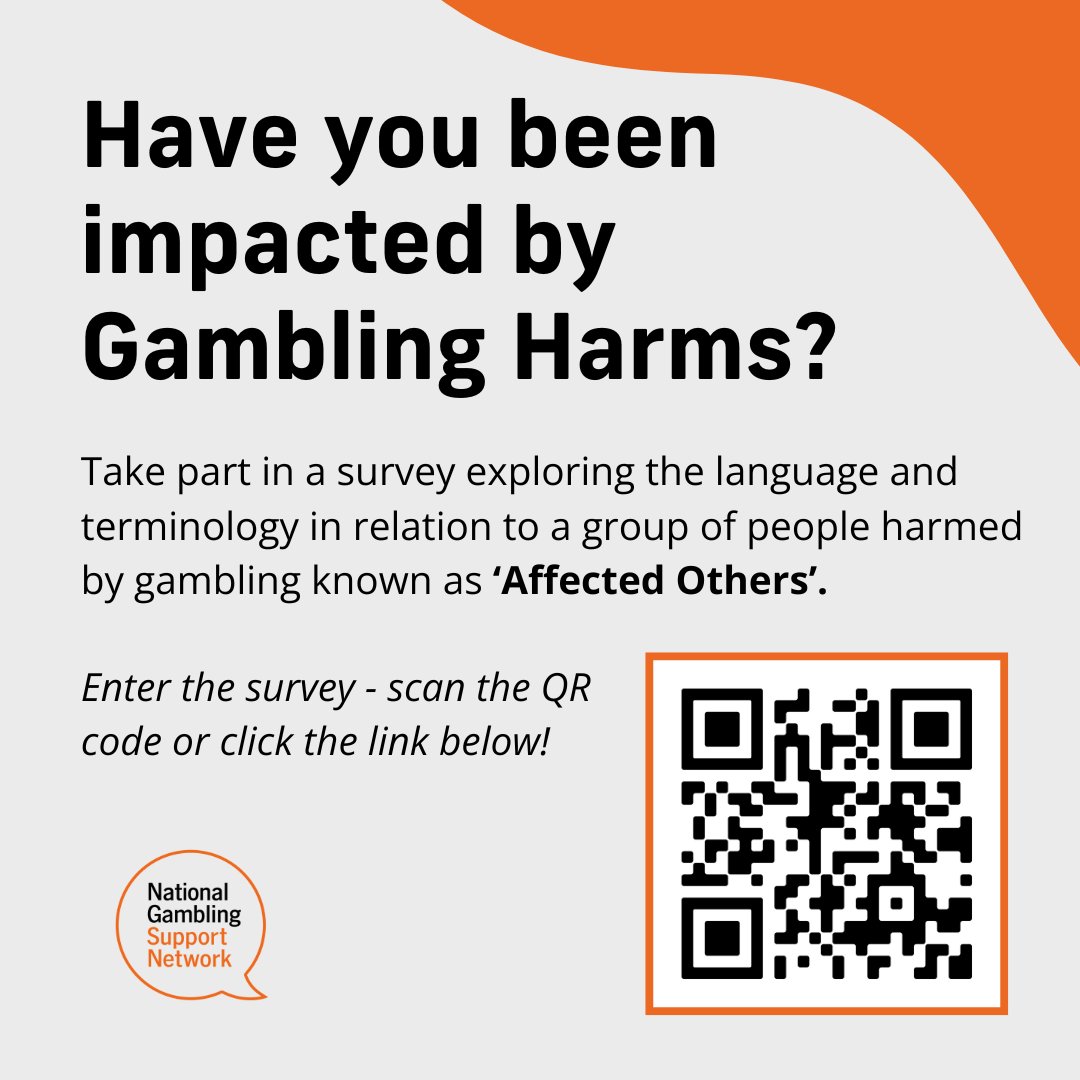 Our Affected Others Language and Terminology Survey is LIVE! This collaborative, network wide, national survey is an opportunity for anyone who has experienced gambling related harm or works with those who have. To take part, scan the QR code or visit: ow.ly/6vXX50RoZr6