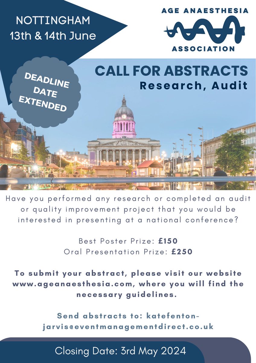 Last Chance: Call for AAA Abstracts Less than 1 week to go! - Friday 3rd May 2024 check the AAA website for necessary guidelines - ageanaesthesia.com/register-abstr… Send your abstracts to Kate at katefenton-jarvis@eventmanagementdirect.co.uk by Friday 3rd May. #AAAConf #AAA #Nottingham
