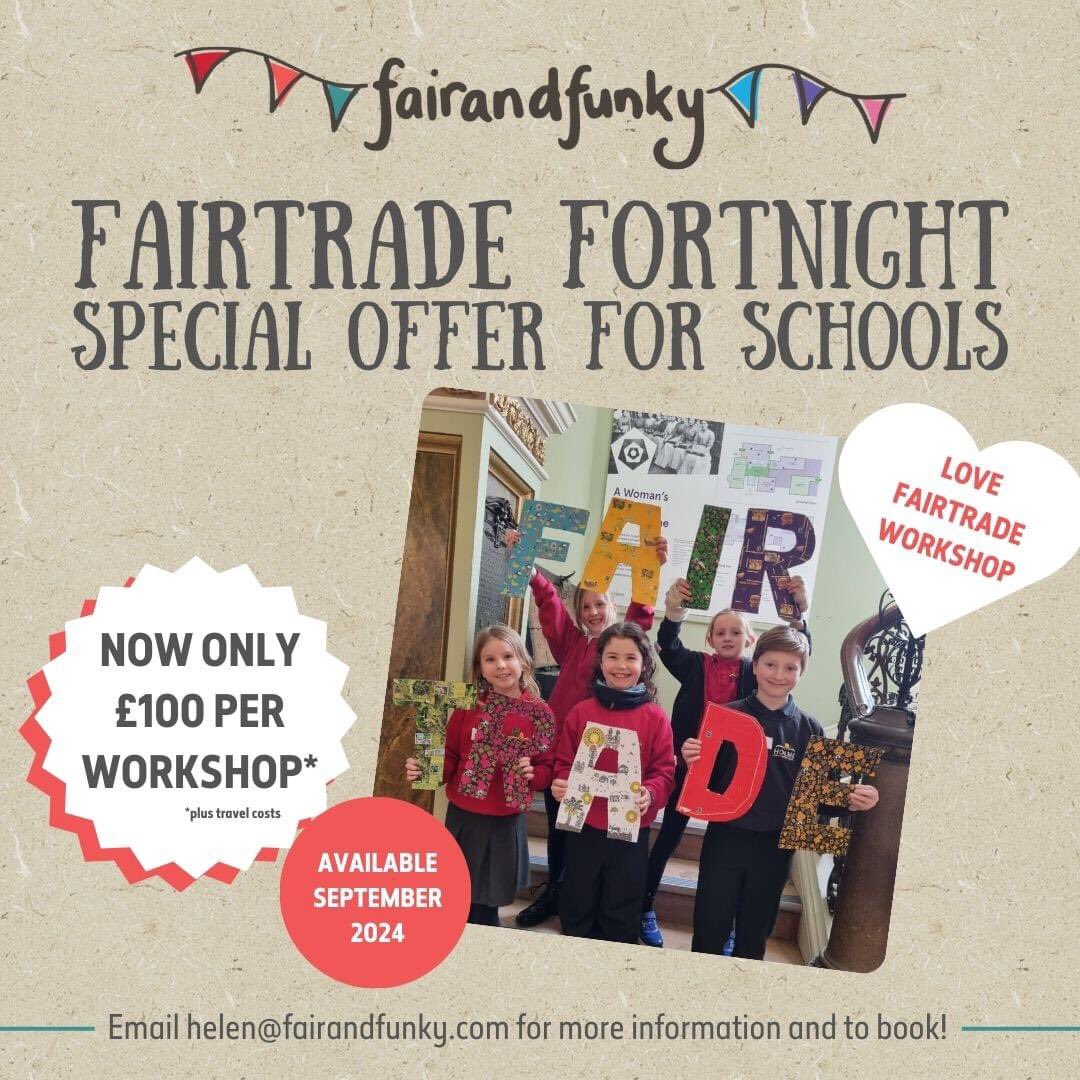 BOOK NOW FOR FAIRTRADE FORTNIGHT 2024!

We have a special workshop offer for schools to celebrate Fairtrade Fortnight. Please note this is only available on workshops booked between 9th - 22nd September.

Please email helen@fairandfunky.com to book.

fairandfunky.com/love-fairtrade/