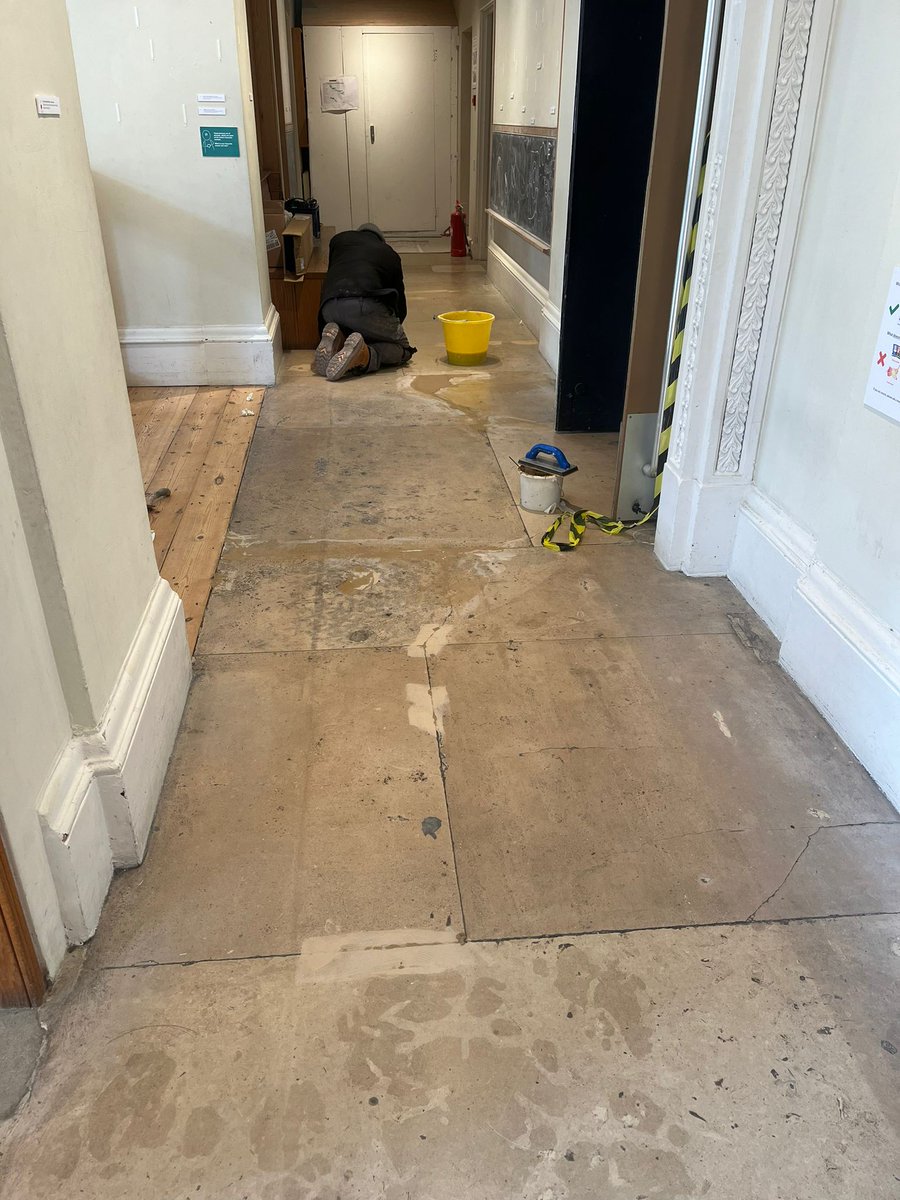 Work begins on repairing our original Victorian floor tiles in the foyer and upper corridor. #HomeImprovements #DIY