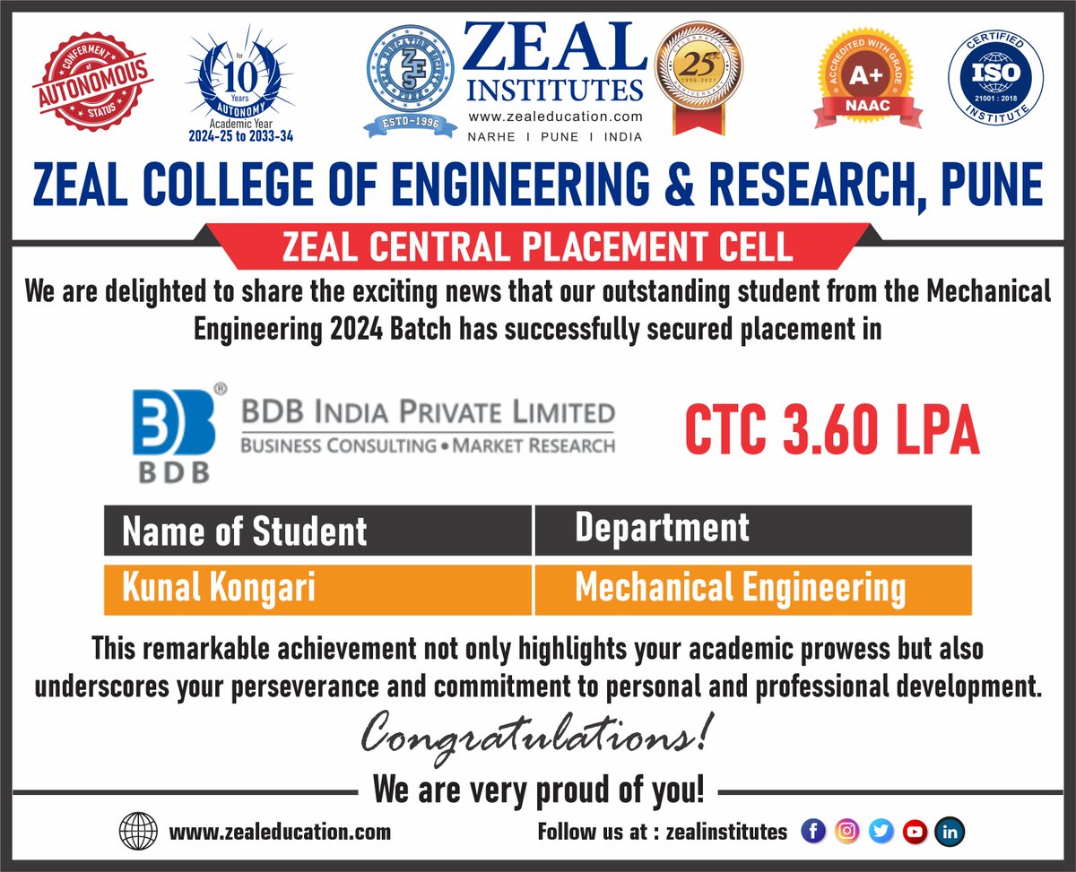 Congratulations💐💐
#ZealCentralPlacementCell#Placement#ZealEducationSociety#Engineering#MechanicalEngineering#StudentTrainingProgram
