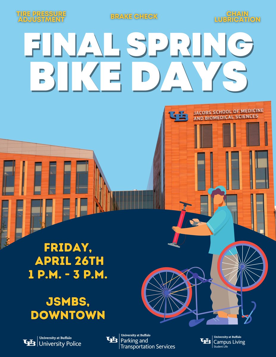 Hey #UBuffalo, today's our last Bike Days event of the semester! 🚴 We'll be downtown at the JSMBS from 1 p.m. until 3 p.m. to assist with your bicycle needs 🧑‍🔧🚲 More information: tinyurl.com/JSMBSBikeDays #UBMobility