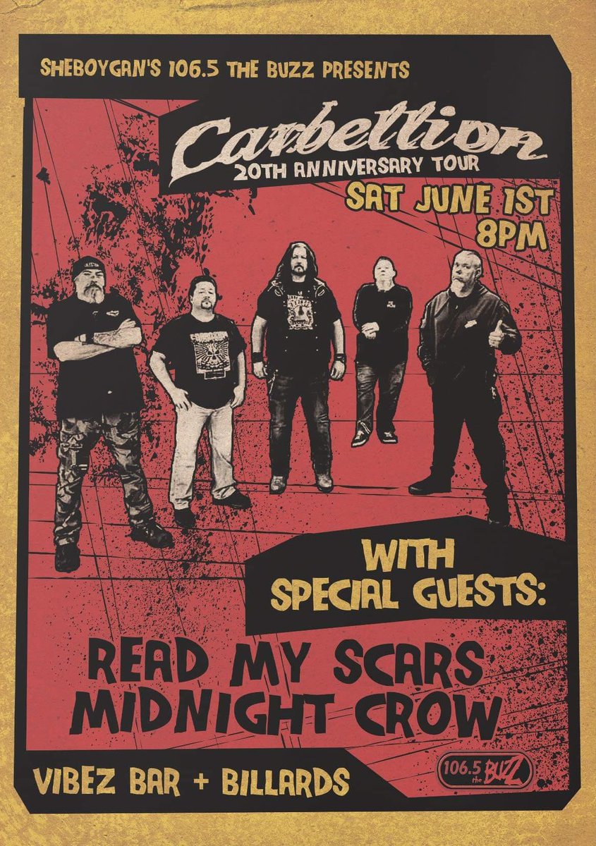 carbellion's tweet photo. *SHOW ALERT*
@1065thebuzz  presents:
@carbellion wsg/ Read My Scars and Midnight Crow at
Vibez Bar &amp; Billiards in
Sheboygan, WI!
Details-
https://t.co/2VFx2lNMjx

@EclipseRecords 
#carbellion #eclipserecords #showalert #livemusic #rockmusic https://t.co/wQHSDJPyQf