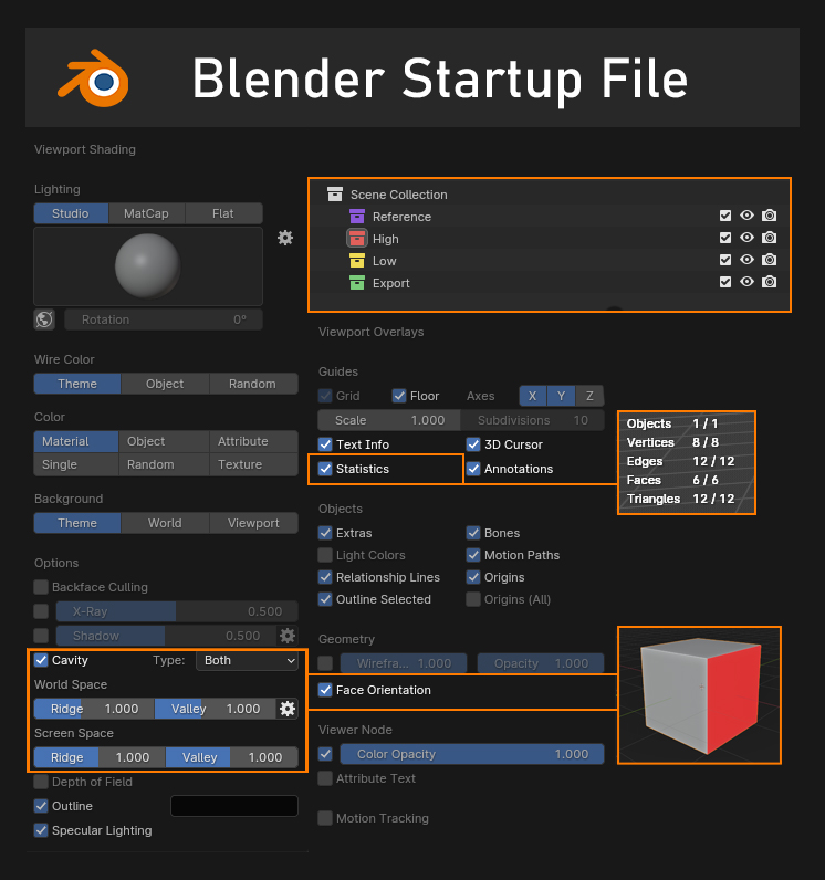 #b3d Having the Blender startup file setup is a way to ensure structure to my work (and have some settings enabled on start).

A folder structure for my #gameart workflow, some shader settings and the polycount view. What am I missing?

My startup file is in the thread below.