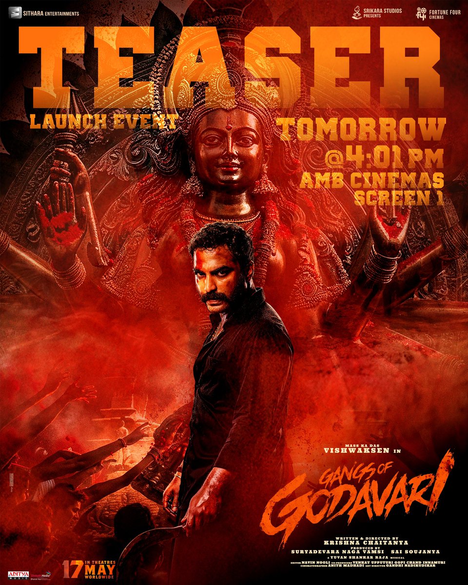 #GangsofGodavari Teaser Launch Event Tomorrow @ 4:01 PM💥

In Cinemas | MAY 17th

#VishwakSen #GOGOnMay17th #GOGTeaser @SitharaEnts