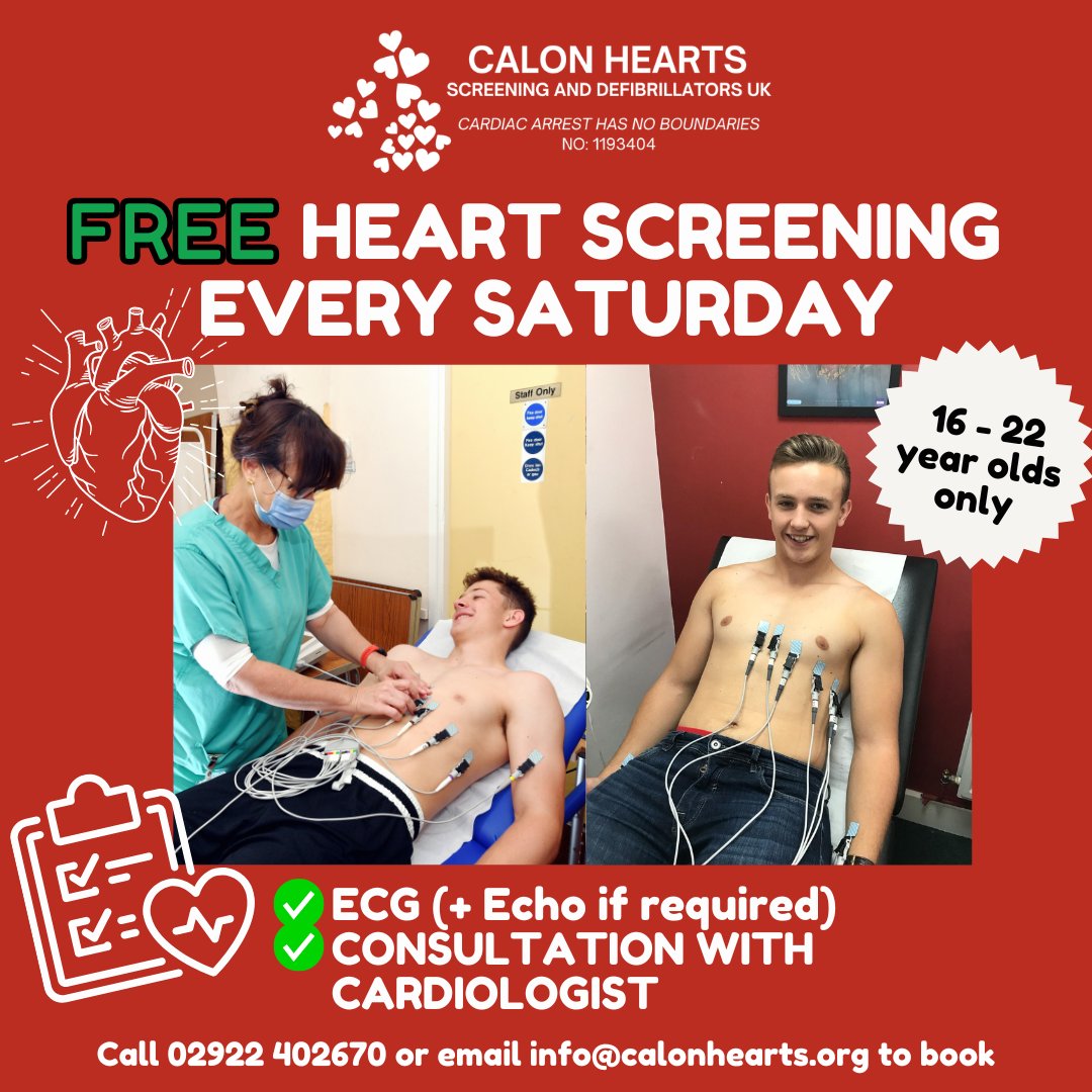 📣 @CalonHearts are providing FREE Heart screening Every Saturday until further notice for 16-22 year olds in Wales! Why not take advantage and call 02922 402670 or email info@calonhearts.org to book #FreeHeartScreening #WRUMedical