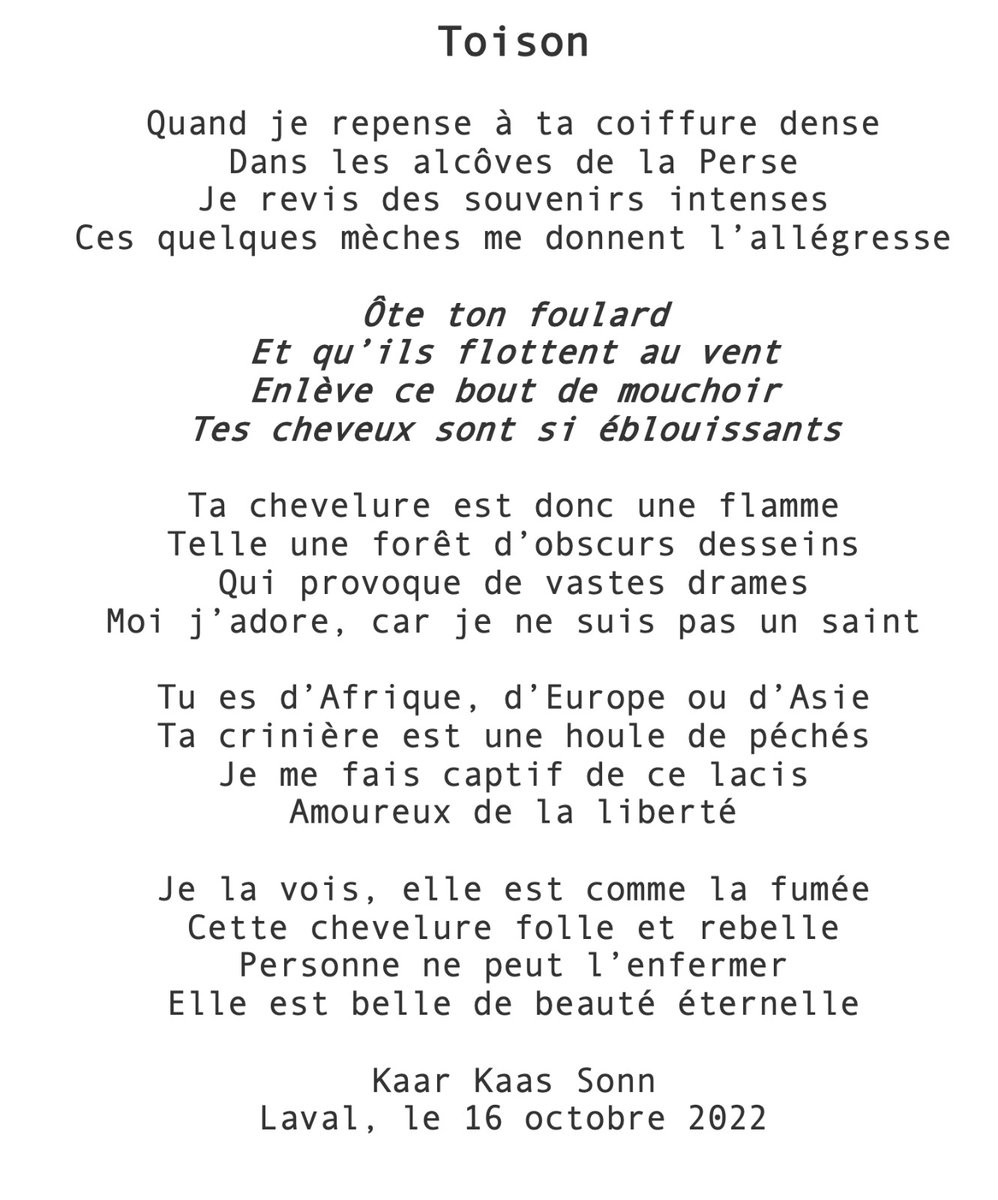 Une petite chanson à une amie perse...
#MashaAmini #ToomajSalehi