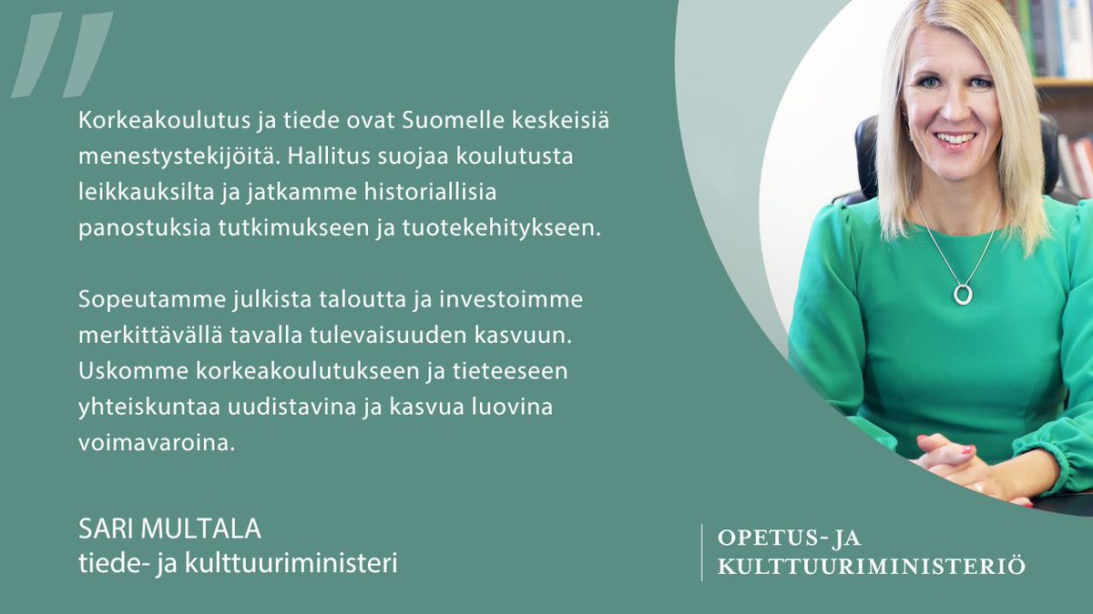 Ministeri @SariMultala puhui tänään korkeakoulujen ja tiedelaitosten johdon seminaarissa. Tilaisuudessa keskusteltiin mm. kehysriihen päätöksistä. Korkeakoulutukseen tai tieteeseen ei kohdistu leikkauksia ja T&K-investoinnit jatkuvat. Lue puhe: 🔗 okm.fi/-/tiede-ja-kul…