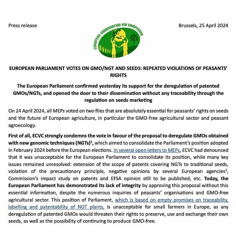 ⚡️PRESS RELEASE 25-04-2024⚡️ 📢☣️🌱 EU Parliament votes on #GMO/#NGT & #seeds: repeated violations on #PeasantsRights ⚖️ EN:eurovia.org/press-releases… ES:eurovia.org/es/comunicado-… FR:eurovia.org/fr/communique-… IT:eurovia.org/wp-content/upl… ⓕ facebook.com/ECVC1/posts/94… @ECVC1 @via_campesina