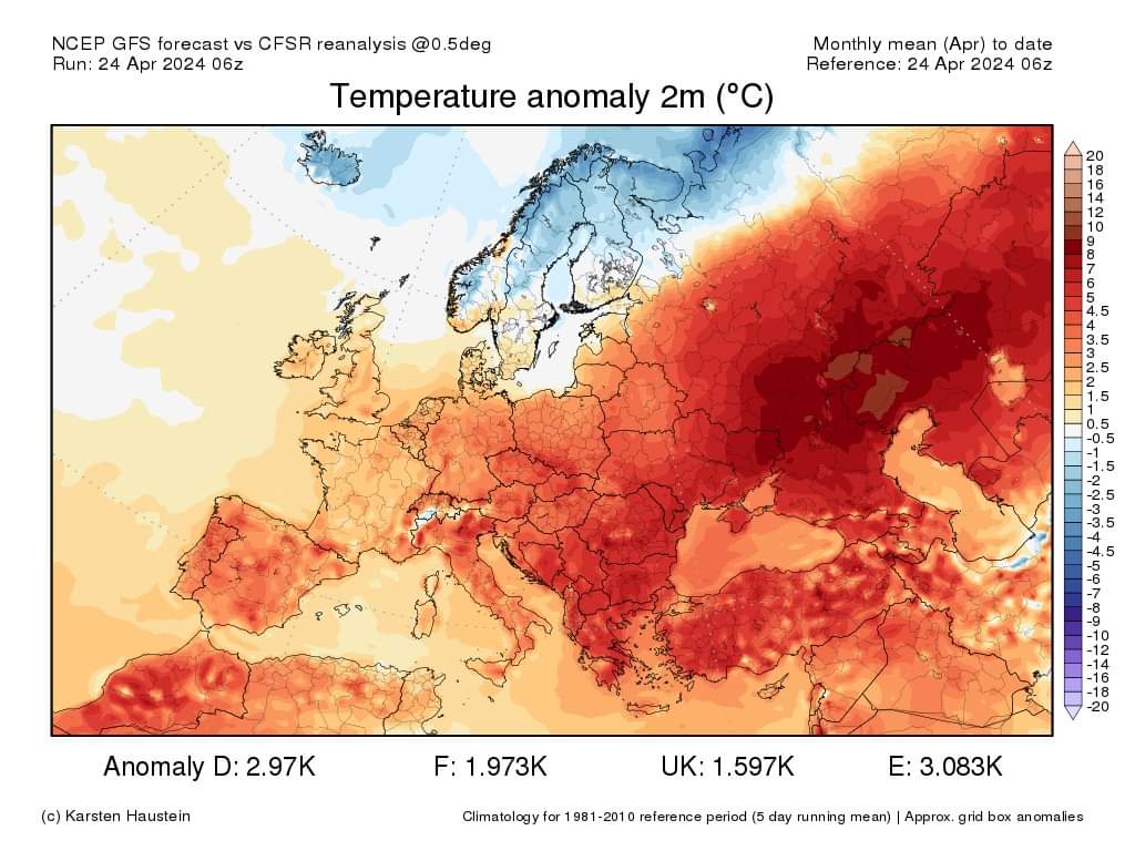 Anomalie termiche al suolo dal 1 al 24 aprile rispetto alla media 1981-2010. In gran parte d'Europa in questo mese ha prevalso l'anomalia positiva. Solo in Scandinavia e Islanda le temperature sono andate sotto la media di riferimento. Grazie a -Tornado in Italia -