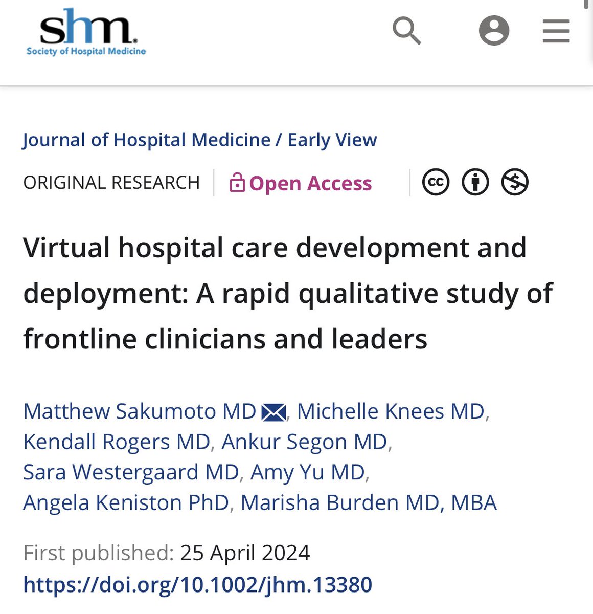 ✍️New Publication! “Virtual Hospital Care Rapid Qualitative Study” out now in @JHospMedicine @SocietyHospMed 

We describe a wide range of deployments with perspectives from multiple frontline hospital medicine leaders

#TelemedNow #HospitalAtHome #Innovation