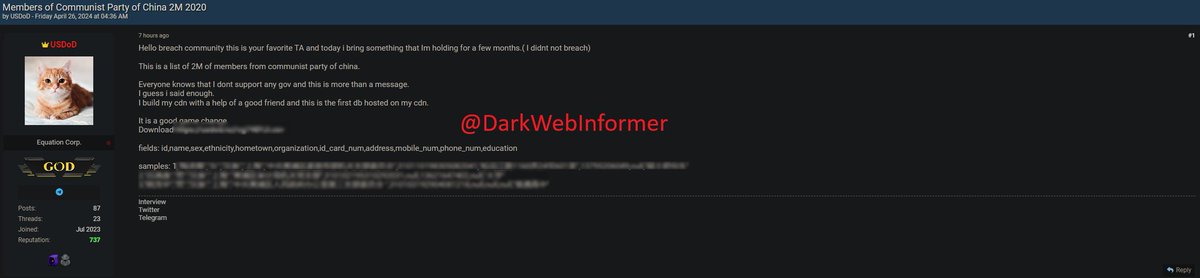 🚨DATA BREACH🚨Notorious threat actor, @EquationCorp , has leaked data from 2 Million Members of 'Communist Party of China.' He did not breach.

#Clearnet #DarkWebInformer #DarkWeb #Cybersecurity #Cyberattack #Cybercrime #Infosec #CTI

Compromised Data:…