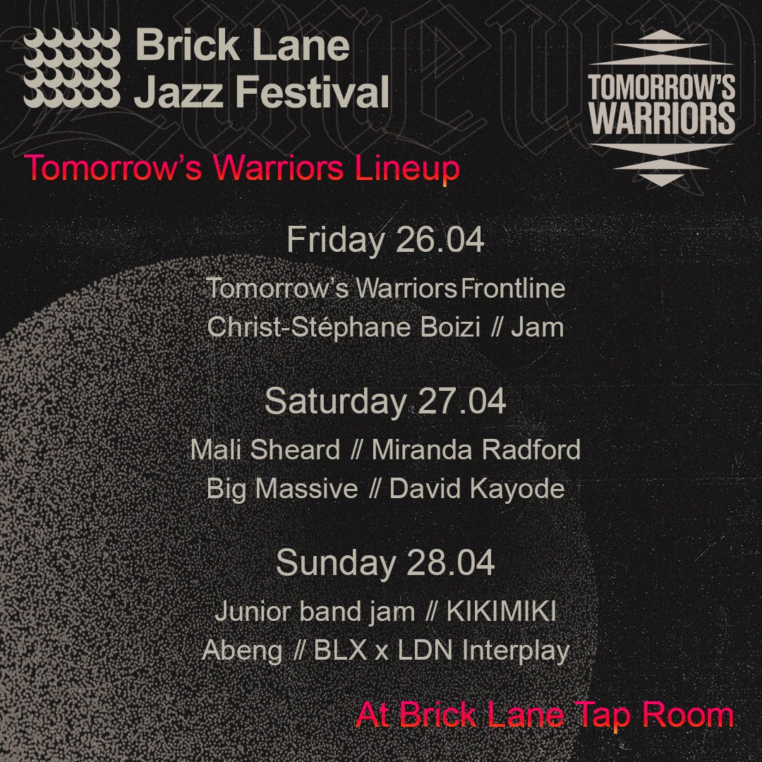 Brick Lane #jazzfestival starts today and we are super excited to be back with our big Tomorrow's Warriors Tap Room Takeover across all three days! Kicking off today with Frontline, Chris-Stéphane Boizi, and a big Warriors jam. Come and say hello! Keeping #londonjazz LIVE!