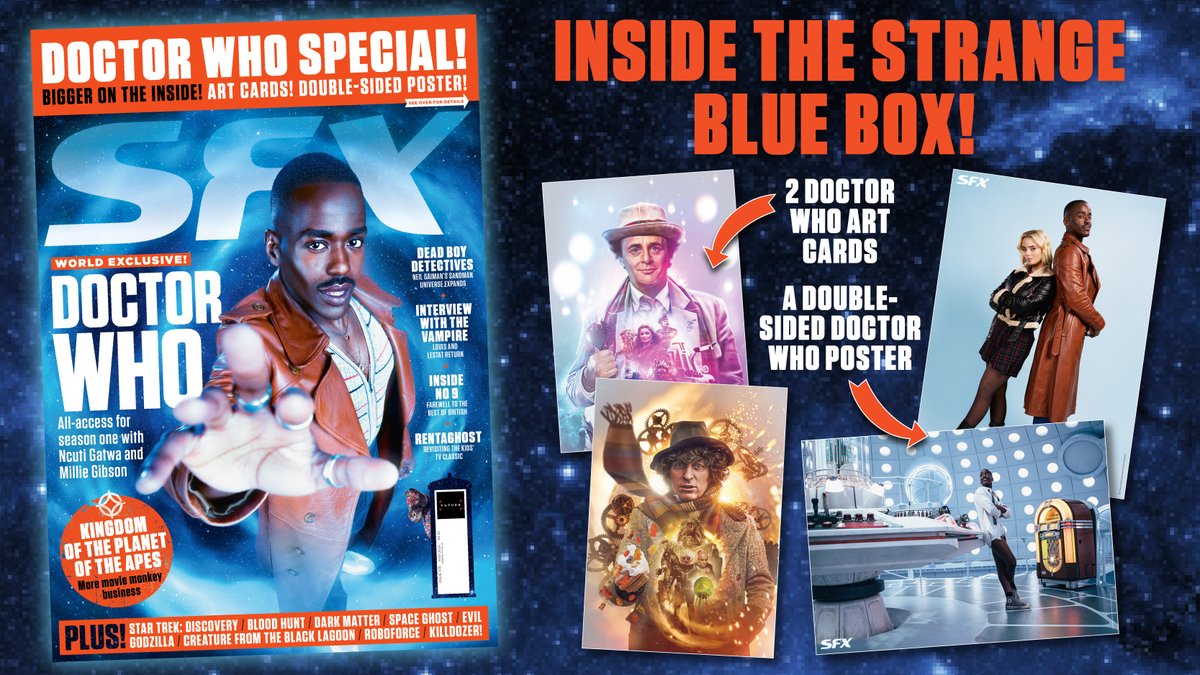 Ncuti Gatwa is on the cover of SFX 378, which comes with a double-sided Doctor Who poster + two art cards! Also inside: Dead Boy Detectives, Kingdom Of The Planet Of The Apes, Inside No 9, Rentaghost & more. More info: trib.al/WpDlyfa Buy online: trib.al/p8fcqRG