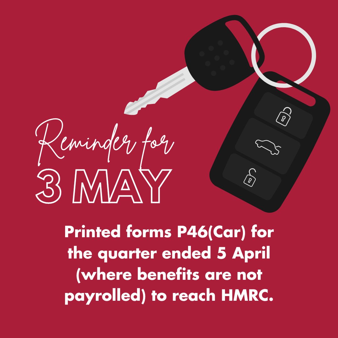 Reminder! 
 
The deadline for HMRC to receive printed P46(Car) forms from the quarter ended 5 April 2024, where benefits are not payrolled, is 3 May.
 
Get in touch for advice!
 
#HMRC #CompanyCar #BIK