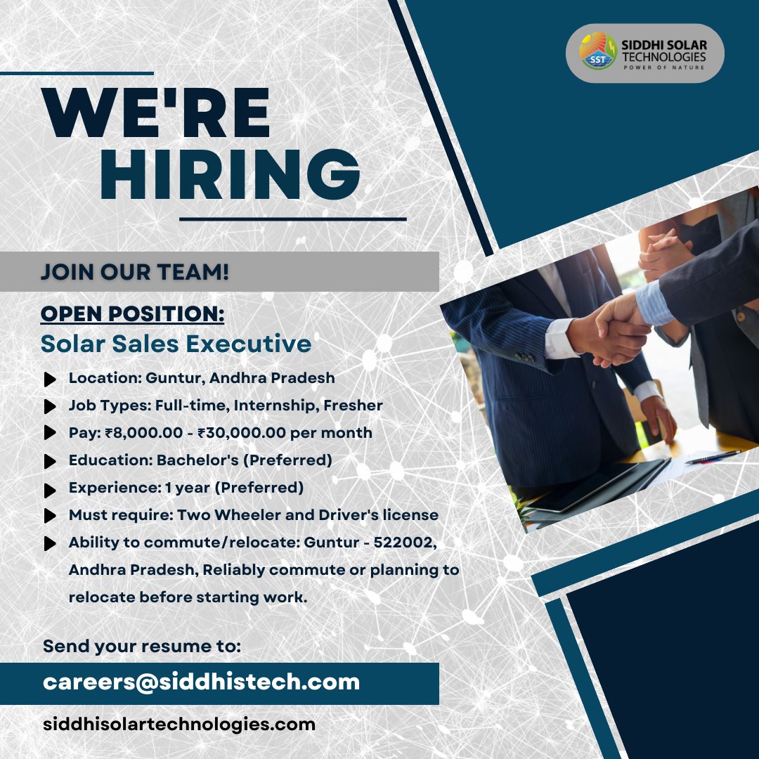 ⚡ Join Our Team as a Solar Sales Executive! ⚡ Passionate about renewable energy? Ready to drive sales and make a difference? Join us in revolutionizing the solar industry! Apply now!

#SolarSales #RenewableEnergy #HiringNow #JoinOurTeam #NowHiring