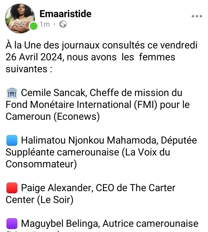 Ce 26 Avril 2024 au #Cameroun,  4/26 journaux, mettent les femmes en vitrine. Soit 15,38%. 

#EmaaRevueUnesFemmes

#WomenInNews

#MediaRepresentation

#MediaBias

Voir suite en commentaire