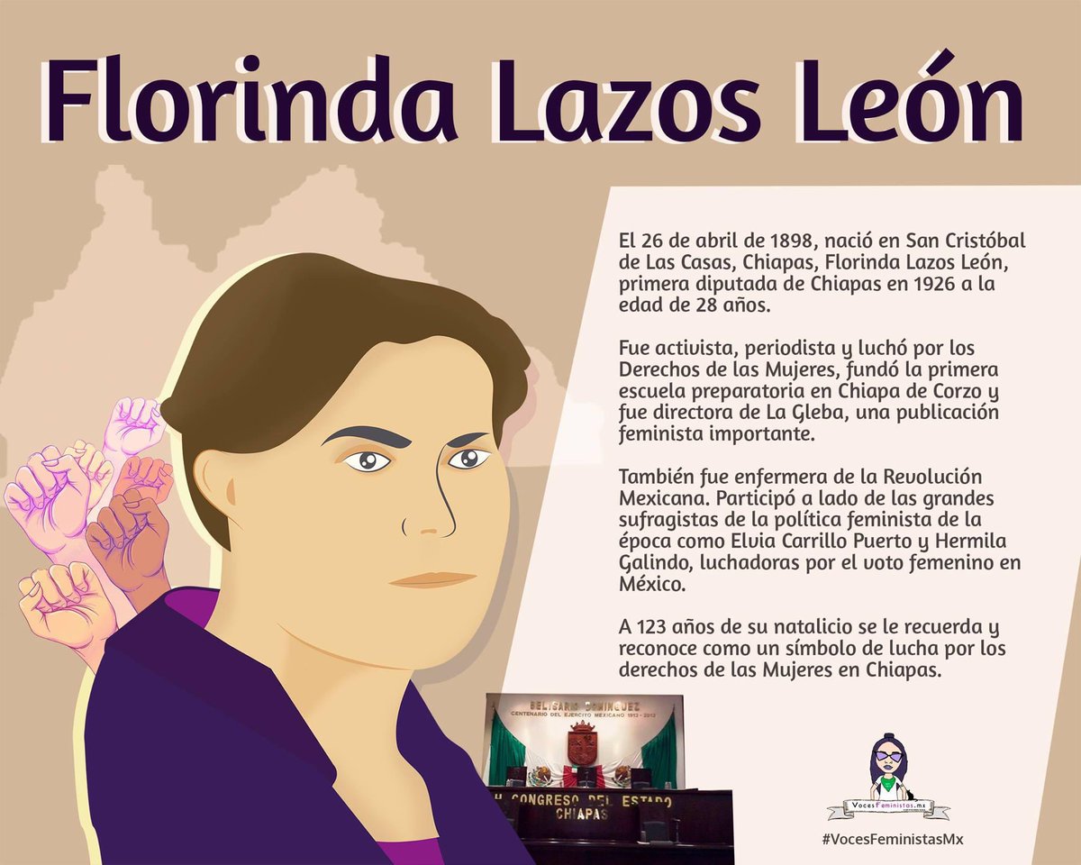 #Chiapas | El 26 de abril de 1898, nació en San Cristóbal de Las Casas, #FlorindaLazosLeón, mujer revolucionaria mexicana, política, maestra, periodista y sufragista e inspiración para el activismo feminista. Fue la 1ra diputada en ese estado en 1926 a la edad de 28 años.