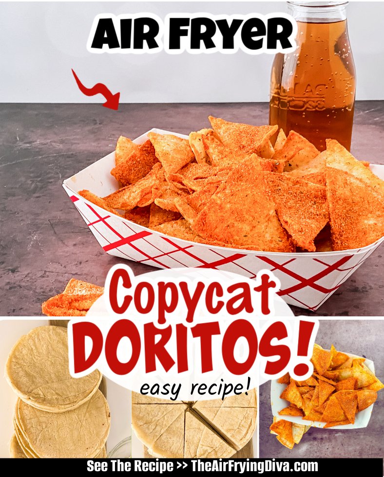 Air Fryer Copycat Doritos, a simple and delicious snack recipe made with tortillas and seasoned with nacho seasoning. Read more at: theairfryingdiva.com/air-fryer-copy…