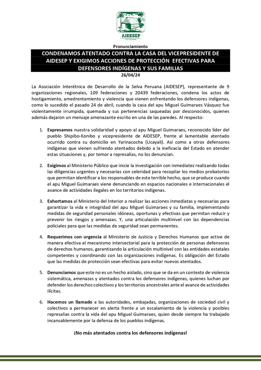 #Pronunciamiento: ¡Condenamos atentado contra la casa del vicepresidente de AIDESEP y exigimos acciones de protección efectivas para defensores indígenas y sus familias!