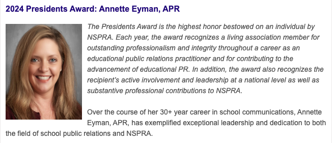 Congratulations to @AnnetteEyman on being named as the recipient of the NSPRA 2024 Presidents Award! #NSPRAAwards Check out the full news release from @NSPRA at nspra.org/News/nspra-ann…