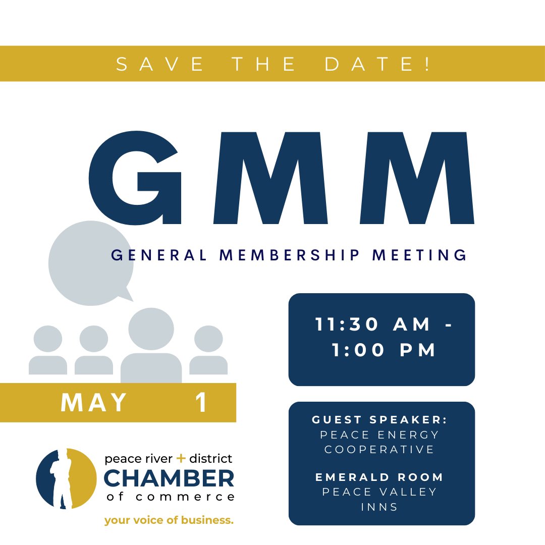 PR_Chamber's tweet image. Members, join us on Wednesday May 1st at 11:30 in the Emerald Room at Peace Valley Inns for our General Membership Meeting and a presentation from Peace Energy Cooperative about their new solar farm. 

#GeneralMembershipMeeting #PeaceRiverChamber #NetworkingOpportunity