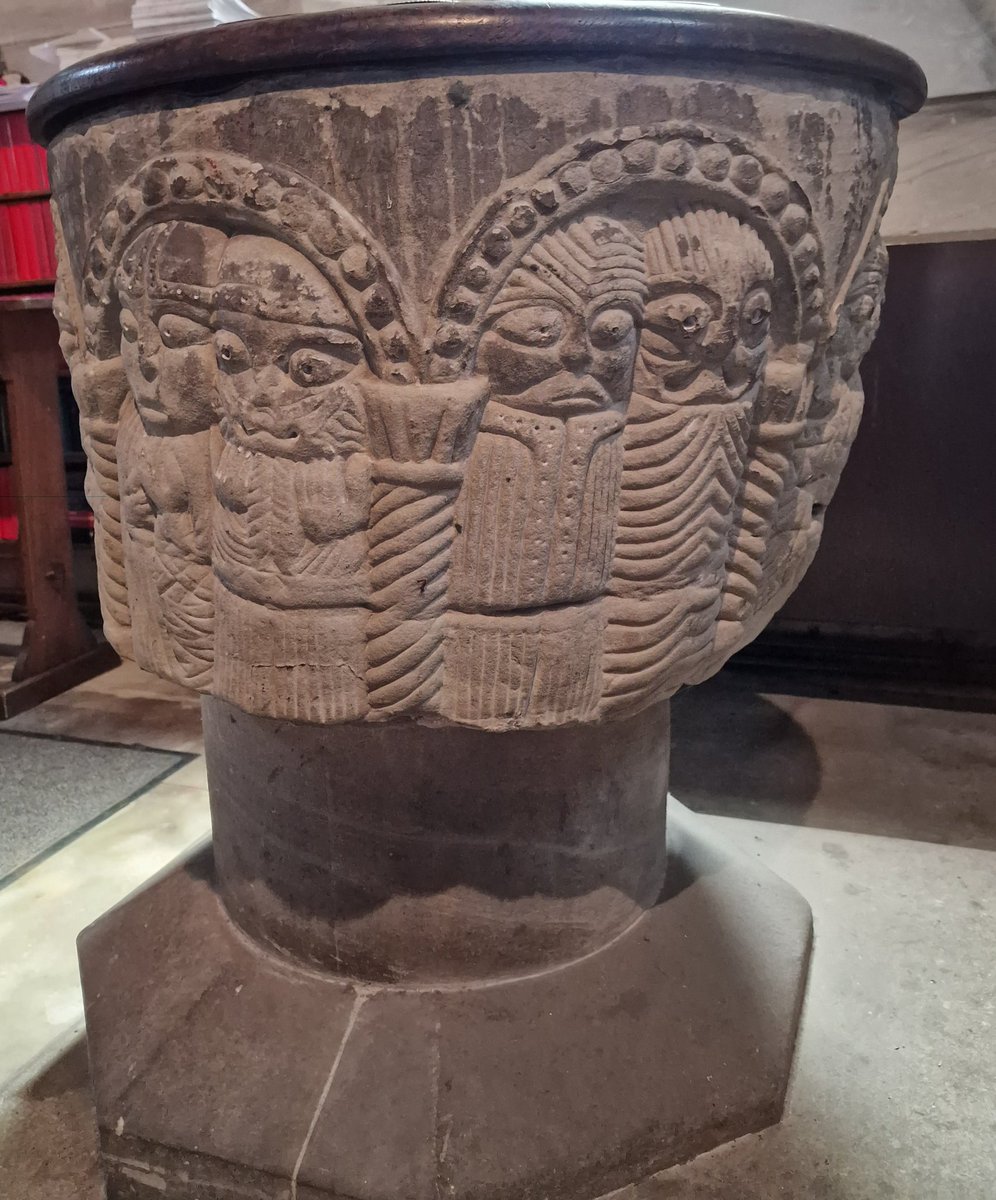 Fabulous grey sandstone 12thc font at St John the Baptist, Armitage with Handsacre. #fontsonfriday #carvedfont #churchfont