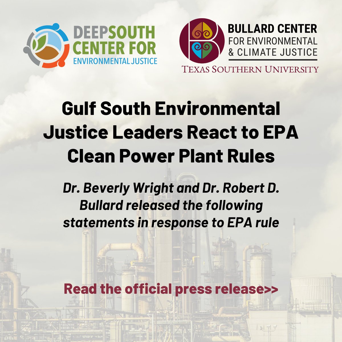Gulf South Environmental Justice Leaders React to @EPA Clean Power Plant Rules. Dr. Beverly Wright and @DrBobBullard released the following statements in response to EPA rule - read the release conta.cc/3wbRKpO- #EPA #EnvironmentalJustice