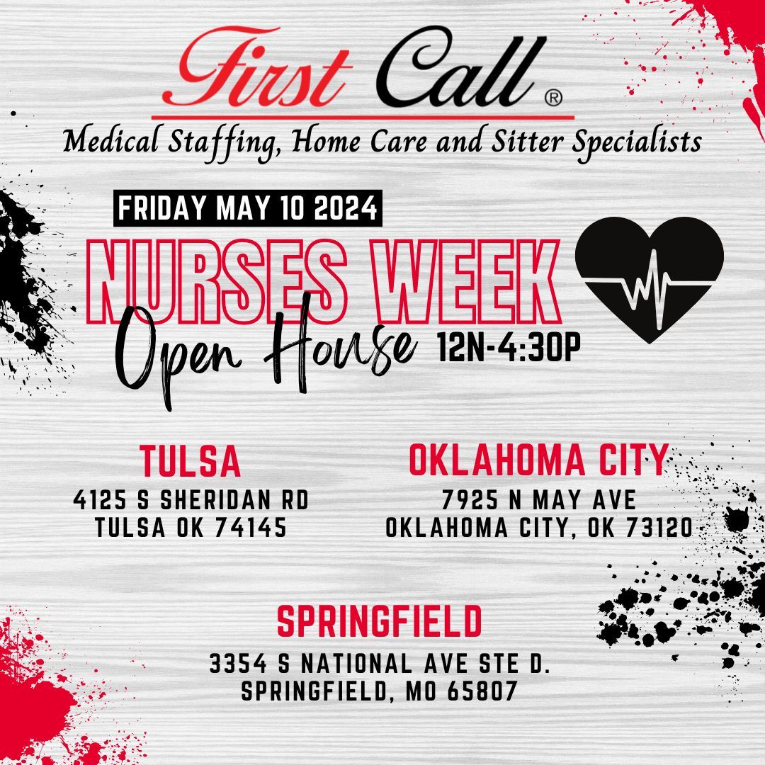 Celebrate YOU with us on Friday, May 10th at our Nurses Week Open House! All our offices will be honoring our AMAZING staff. Whether you're an employee, applicant, client, or curious about First Call, come join us for a day filled with food, fun, and gifts! #NursesWeek #NurseLife