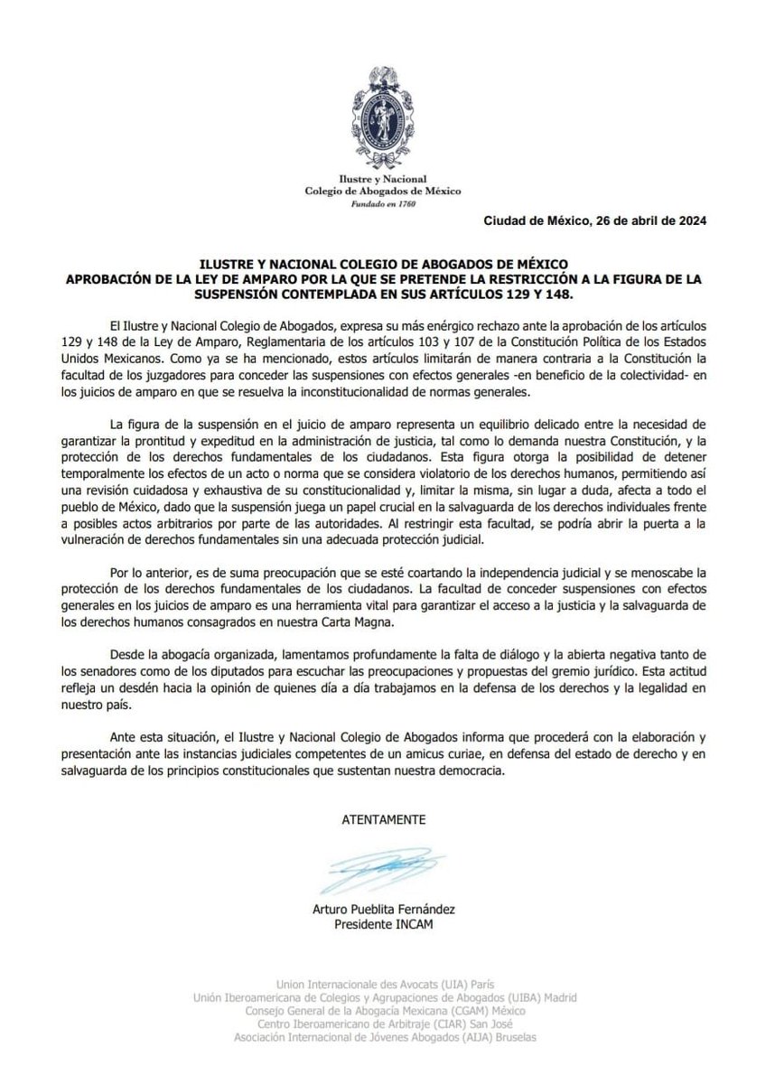 El debilitamiento de la Ley de Amparo afecta al pueblo de México. El Juicio de Amparo es el juicio de protección de derechos humanos más importante en nuestro país. Senadores y diputados cerraron toda posibilidad de diálogo. Gran revés al Estado Democrático de Derecho.
