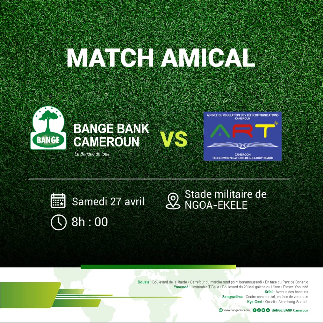 ⚽️ Ce samedi 27 avril 2024, venez vibrer au stade militaire de NGOA-EKELE pour le match amical entre #BangeBankCameroun et #ART ! Une rencontre à ne pas manquer ! 🙌🏼 

#BANGEvsLART
 #SupportYourTeam
#labanquedetous