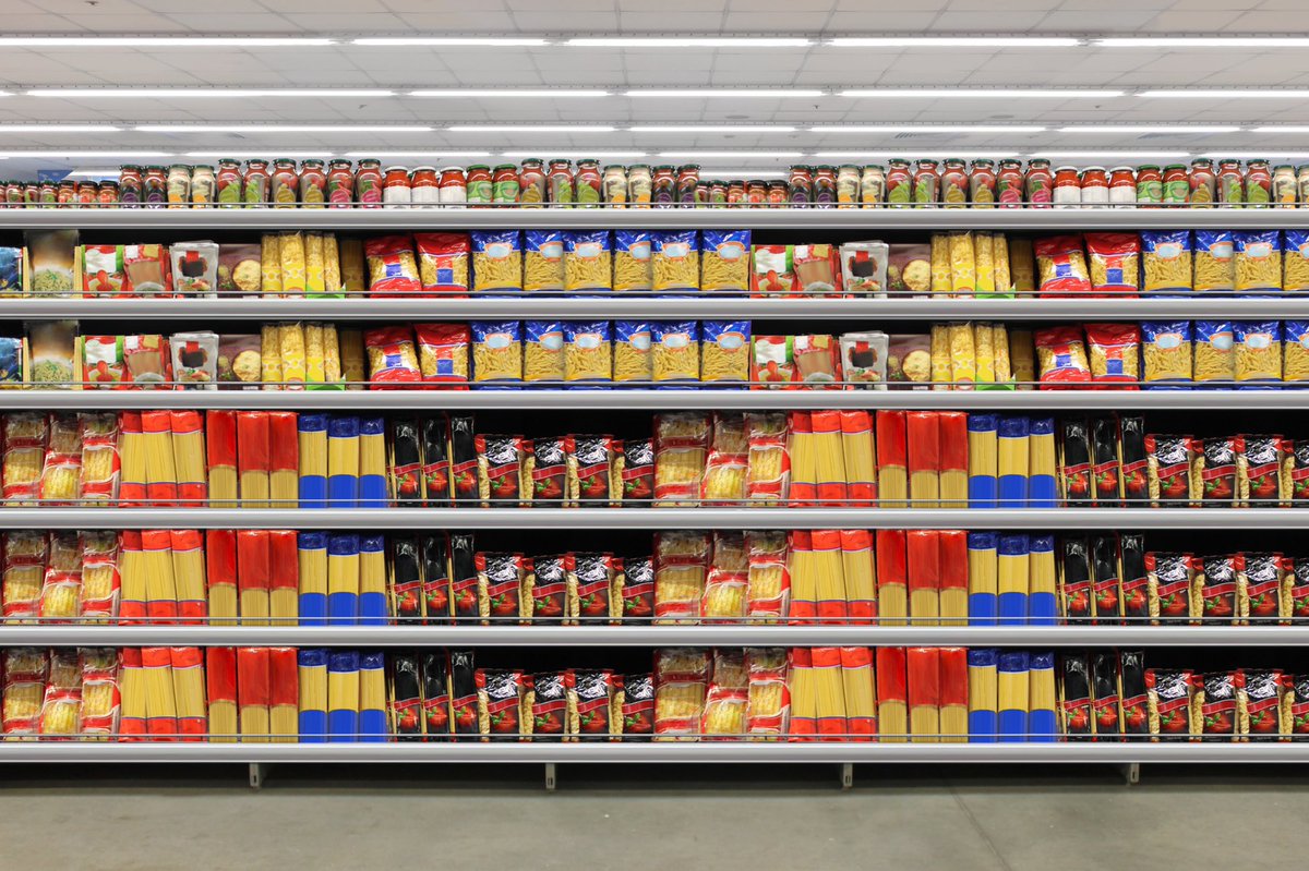 Brandless pasta, spaghetti, fusilli packagings on supermarket shelves shutterstock.com/g/Hitra @Shutterstock #supermarket #market #shelf #shelves #grocery #design #store #shop #Brandless #pasta #spaghetti #fusilli #packagings