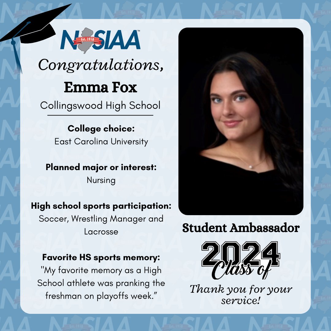 NJSIAA salutes its senior student ambassadors. Thank you, Emma, for your hard work and dedication!