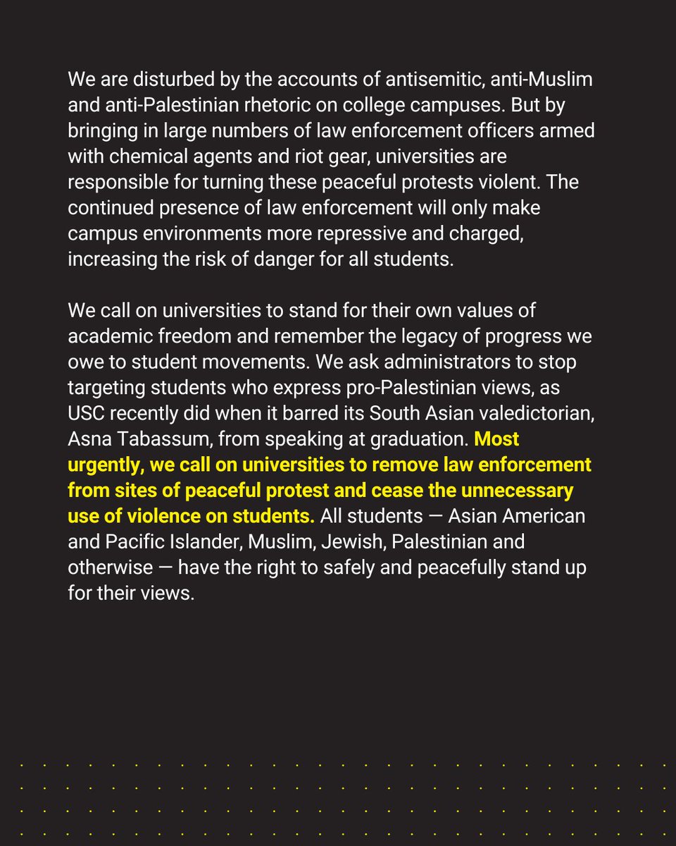 Stop AAPI Hate is alarmed and angered by the violent suppression of students engaging in peaceful protest of Israel’s ongoing attacks on Gaza this week. Keep reading for our full statement. stopaapihate.org/2024/04/26/sto…