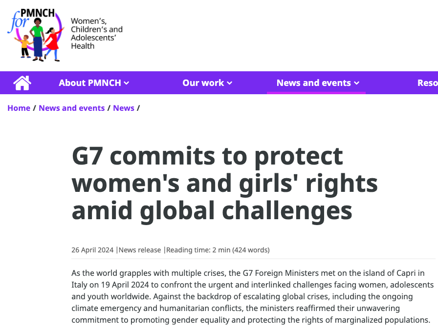 Very encouraging to see that the #G7 Communiqué where foreign ministers voiced deep concern over the global erosion of women's & girls' rights, especially in conflict & crisis situations. Read @PMNCH’s webstory on this issue here 👉pmnch.who.int/news-and-event…